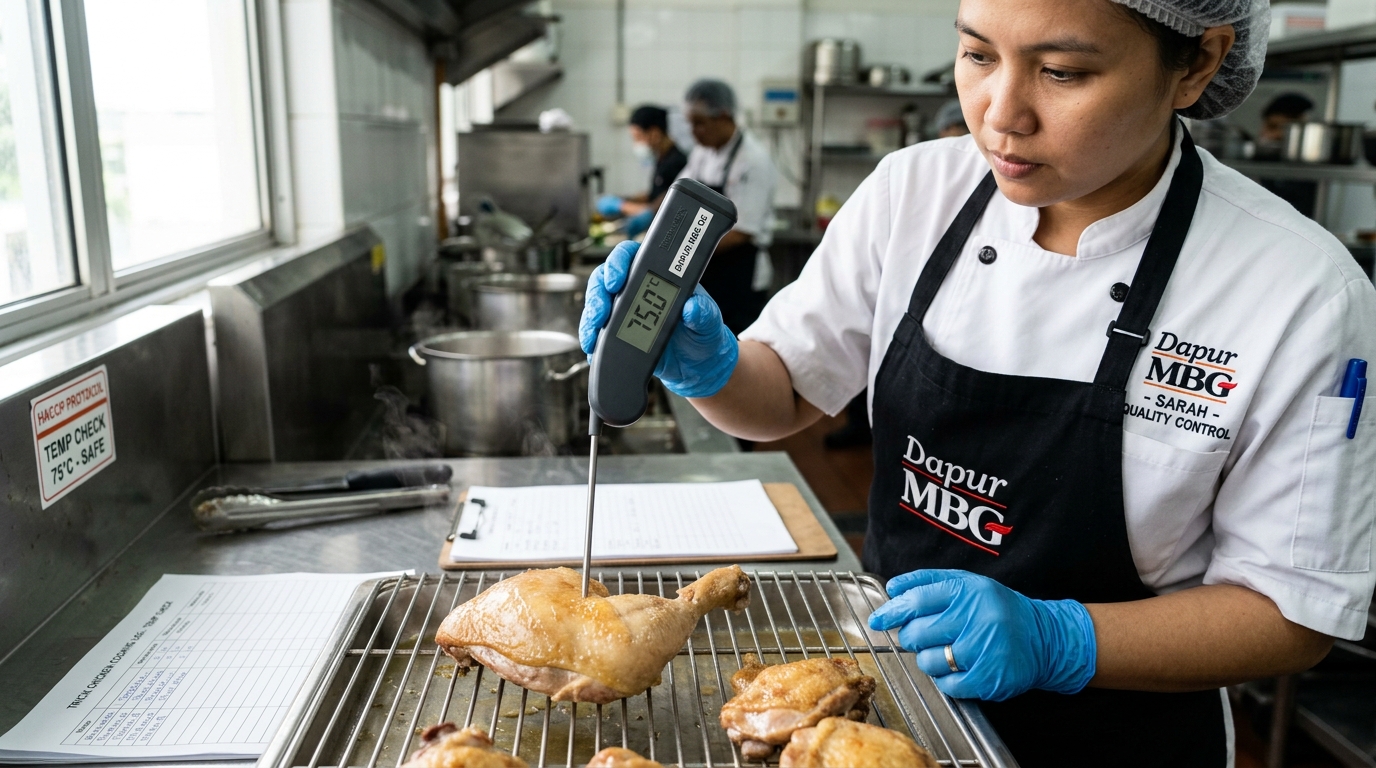 Akurasi kalibrasi termometer tusuk digital untuk memastikan kematangan inti daging Dapur MBG menggunakan karkas ayam segar stabil dari Tricik Cengkareng