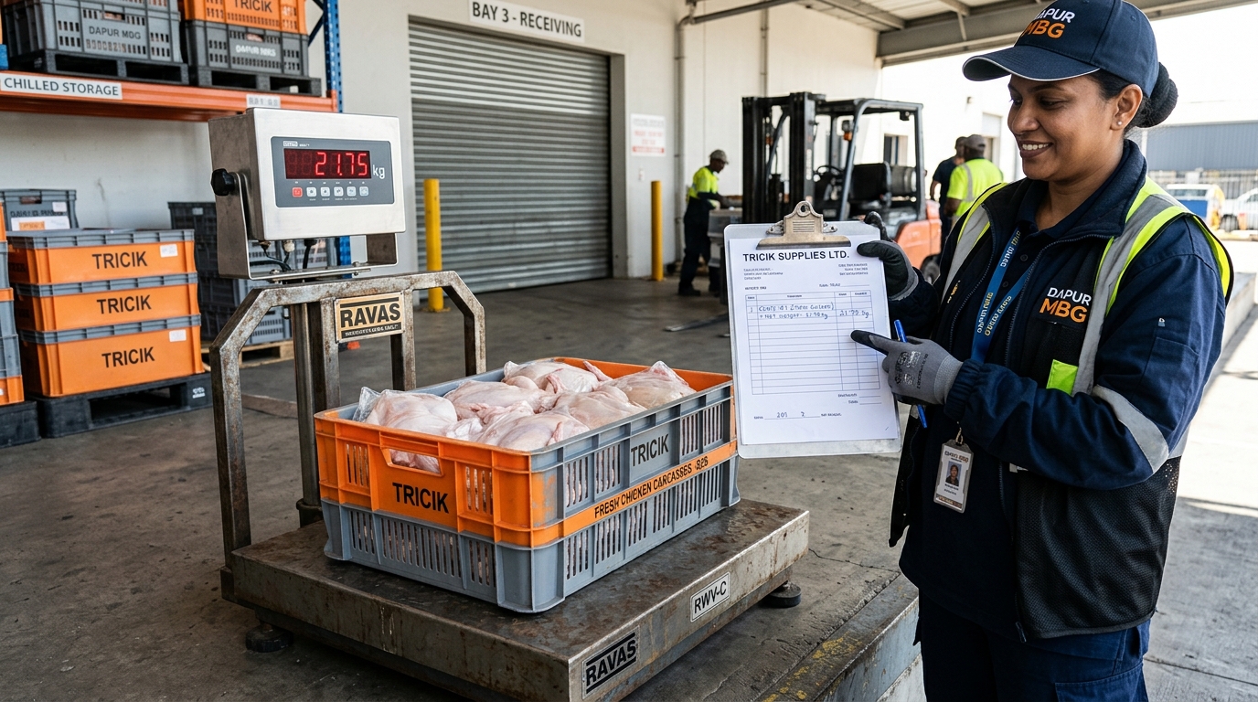 Akurasi tanpa selisih pada timbangan lantai penerimaan loading dock Dapur MBG berkat pengiriman ayam segar Tricik yang bebas drip loss