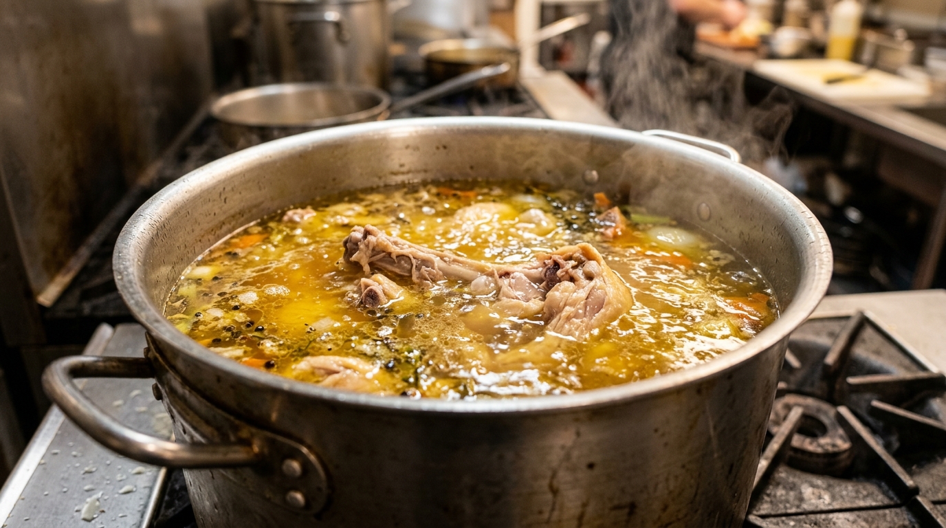 Ekstraksi umami tulang ayam potong segar dari Tricik Cengkareng untuk mengatasi masalah kaldu hambar pada masakan berkuah.