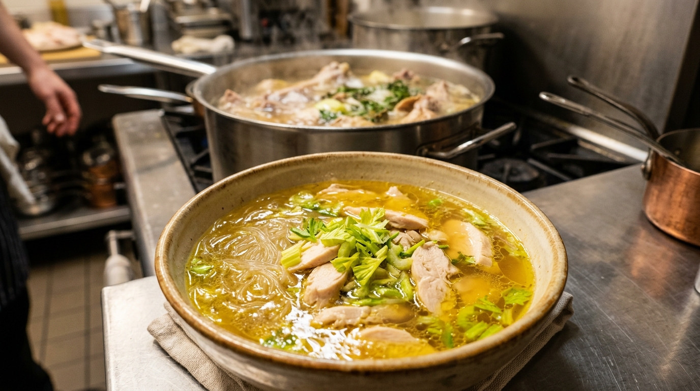 Rahasia kuah soto encer dan jernih anti berlendir menggunakan kaldu tulang karkas ayam segar dari supplier Tricik Cengkareng.