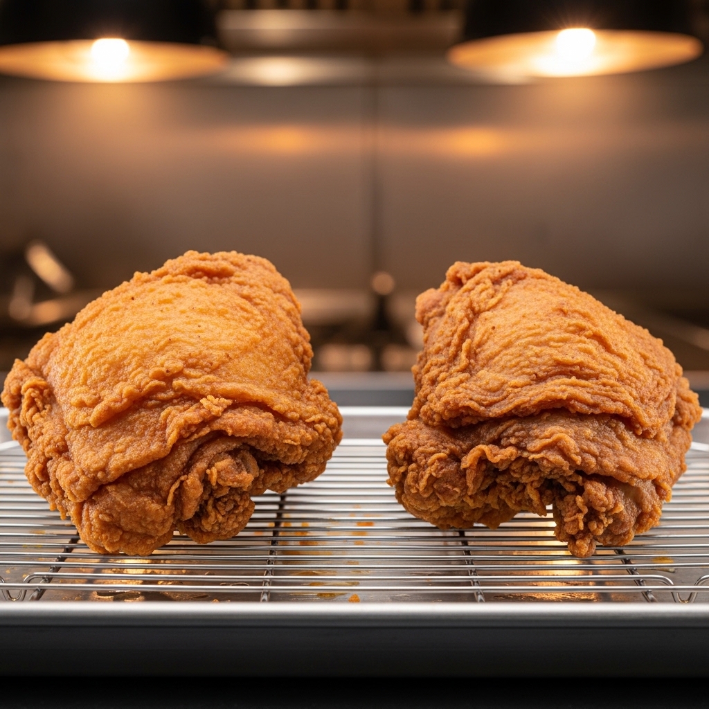 Perbandingan ayam goreng utuh dari supplier ayam fresh daily Tricik dengan ayam beku yang mengalami susut bobot daging (shrinkage).
