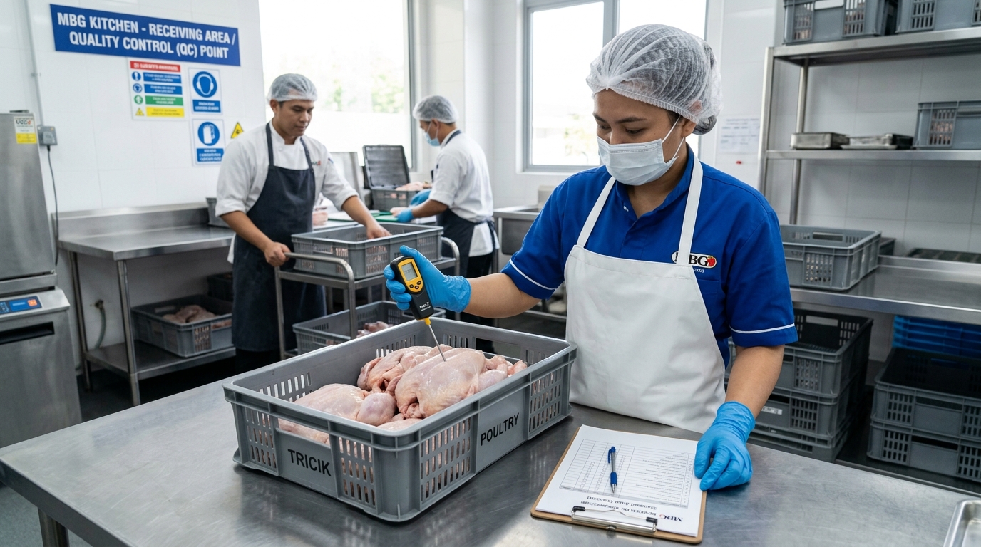 Implementasi SOP prosedur audit mutu internal (internal QC) di Dapur MBG untuk memastikan ayam segar dari Tricik memenuhi standar gizi