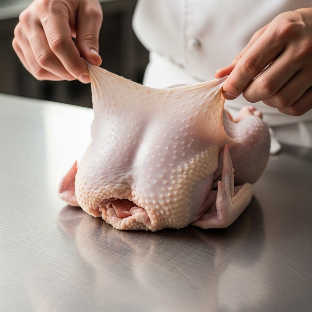 Proses teknik deboning kulit karkas ayam utuh segar mentah anti robek dari distributor Tricik Cengkareng untuk bahan baku Ayam Kodok B2B