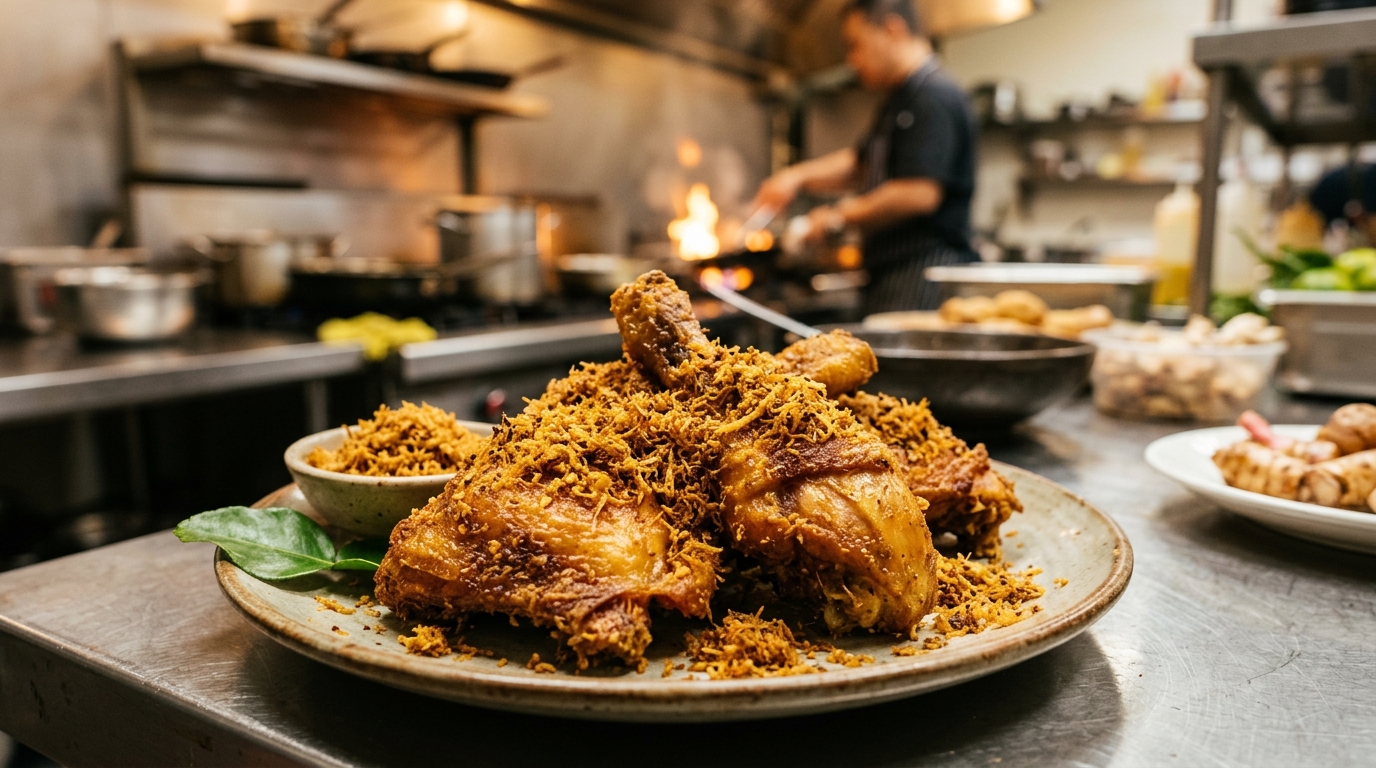 Sajian ayam goreng serundeng lengkuas lezat dengan bumbu meresap sempurna menggunakan ayam potong segar Tricik Cengkareng