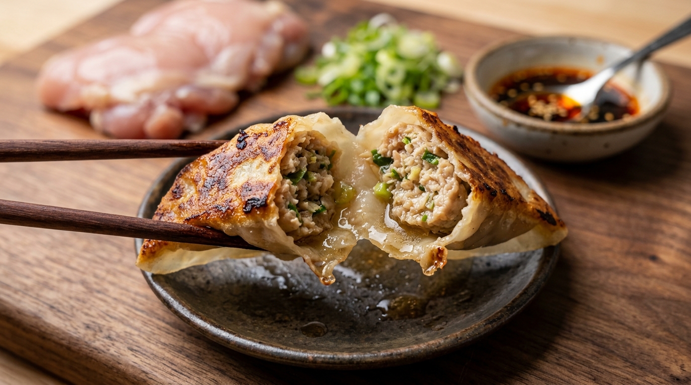 Bahan baku boneless paha ayam segar dari supplier B2B Tricik Cengkareng untuk isian gyoza premium yang juicy