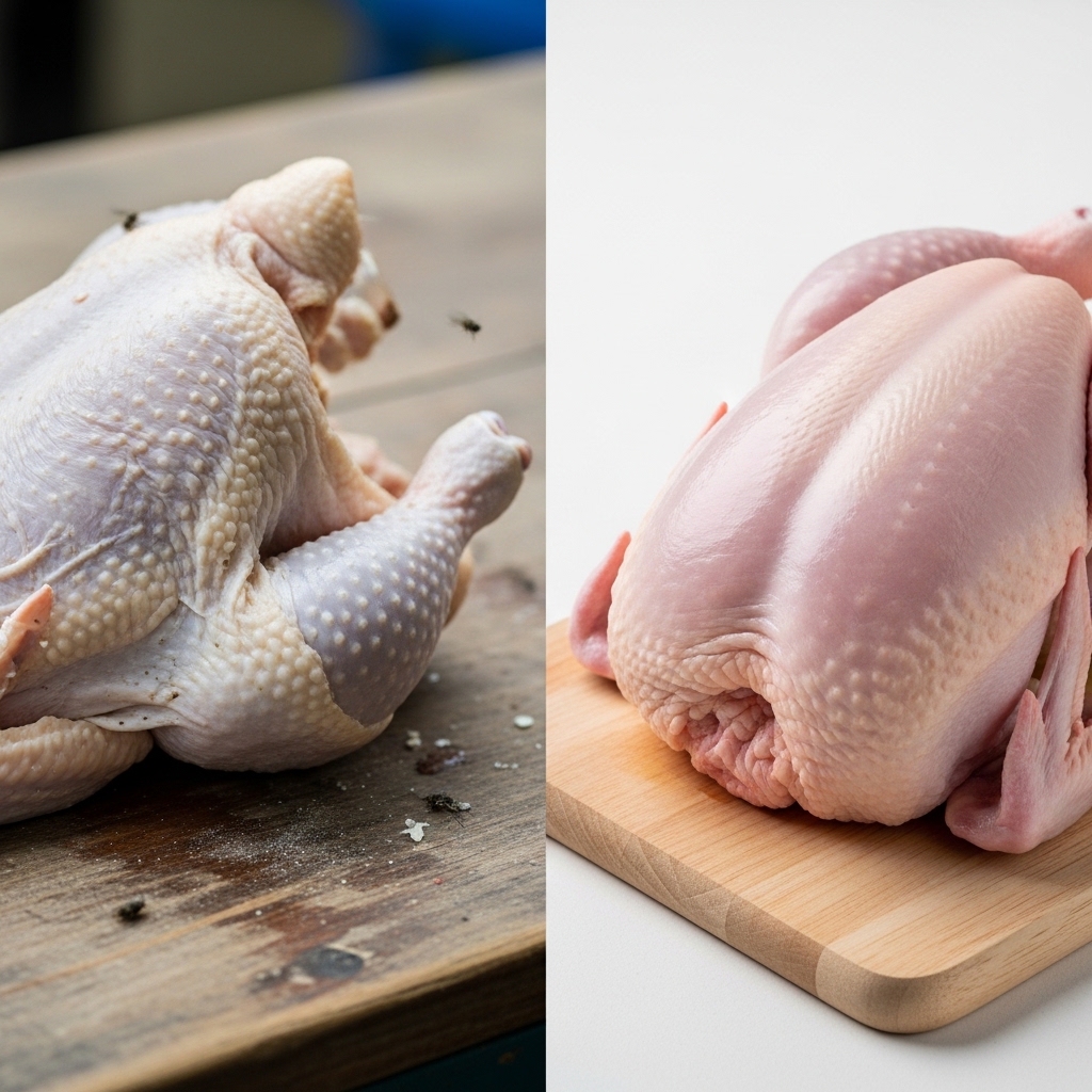 Perbedaan fisik ciri ayam segar murni bebas bahan pengawet dari Tricik Cengkareng dibandingkan ayam berformalin yang berbahaya untuk keamanan pangan