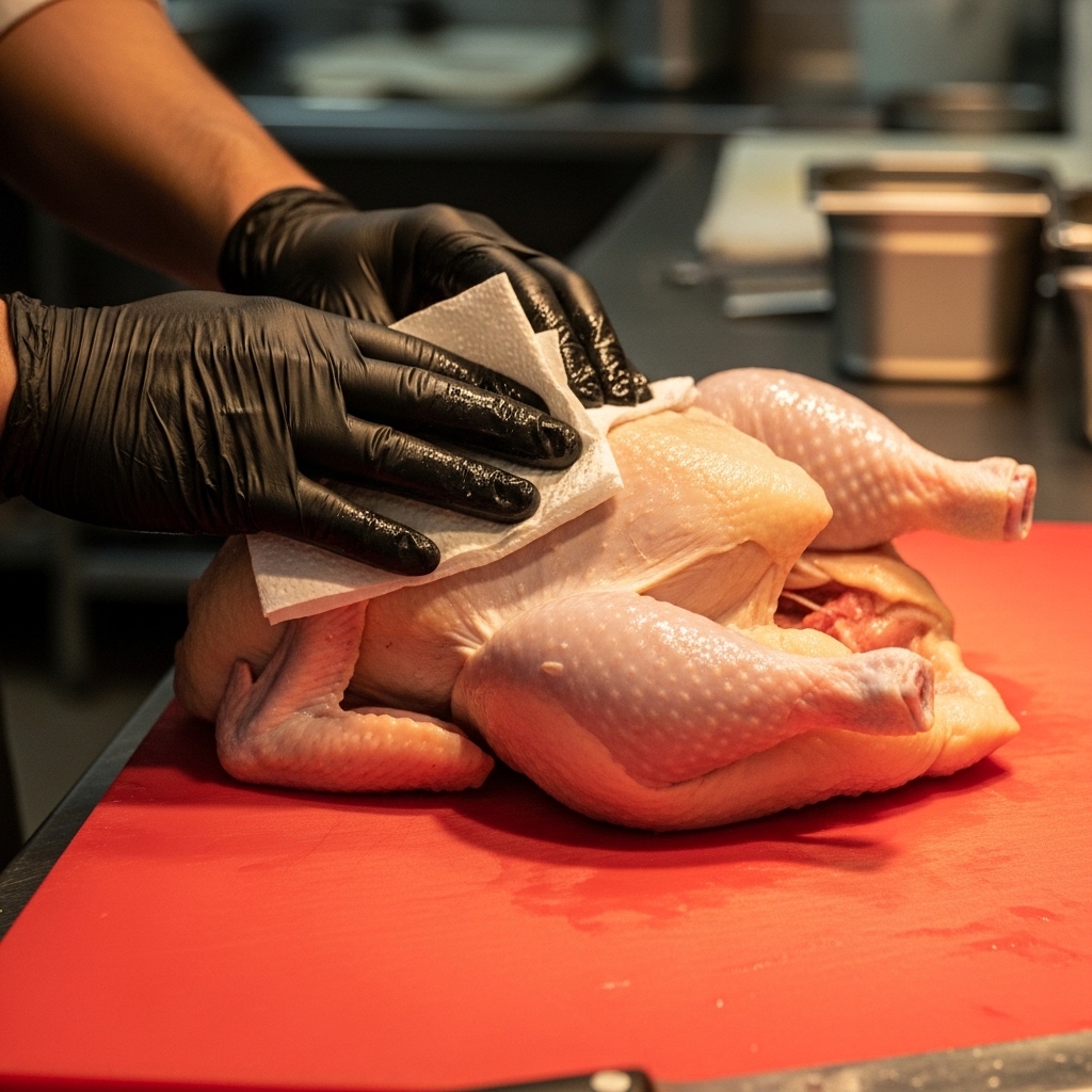 SOP keamanan pangan menepuk ayam segar Tricik menggunakan tisu dapur tanpa dicuci air keran untuk mencegah penyebaran bakteri di restoran B2B