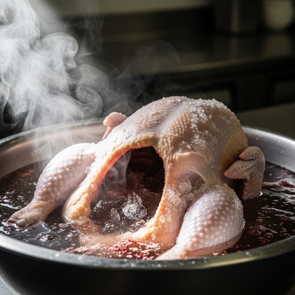 Kesalahan thawing mencairkan karkas ayam beku menggunakan air panas yang merusak tekstur daging di dapur restoran, hindari dengan ayam segar Tricik B2B