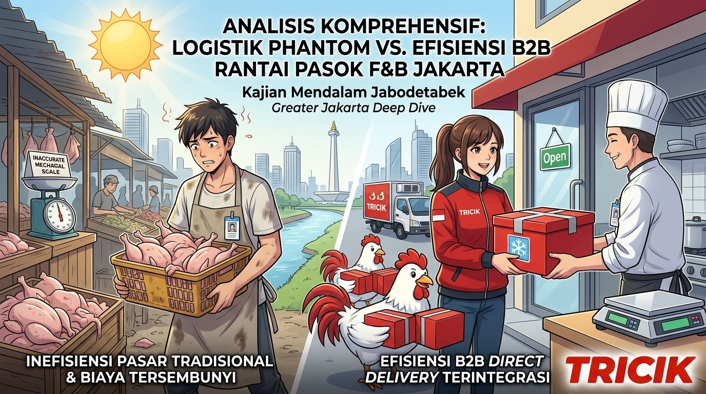 Eksekutif chef dan manajer F&B memeriksa pasokan ayam segar harian berkualitas premium dan dasbor penghematan biaya logistik B2B di dapur restoran komersial yang modern dan higienis.