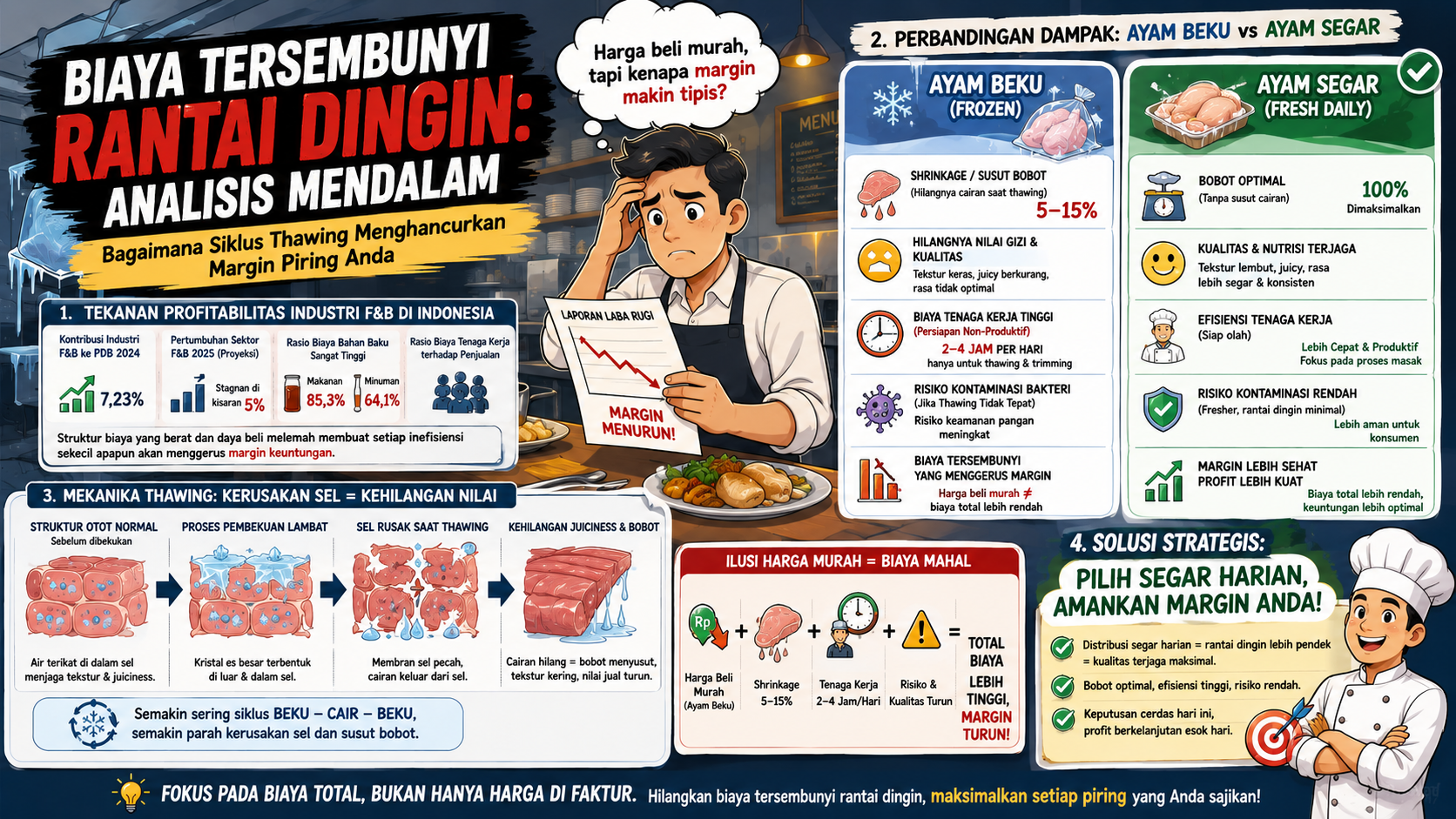 Executive Chef dan Purchasing Manager sedang menginspeksi kualitas ayam potong segar harian di dapur restoran komersial yang bersih dan profesional.