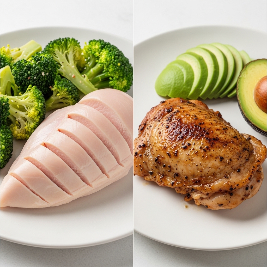 Perbandingan nutrisi dan tekstur antara daging boneless dada ayam dan boneless paha mentah segar dari Tricik Cengkareng untuk bahan katering diet