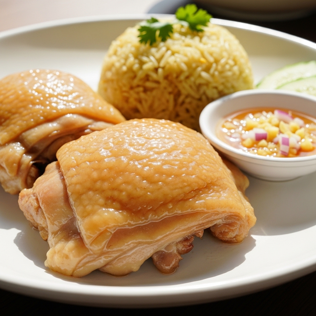Sajian Nasi Ayam Hainan autentik dengan tekstur kulit silky menggunakan boneless paha skin-on segar pasokan B2B dari distributor Tricik Cengkareng