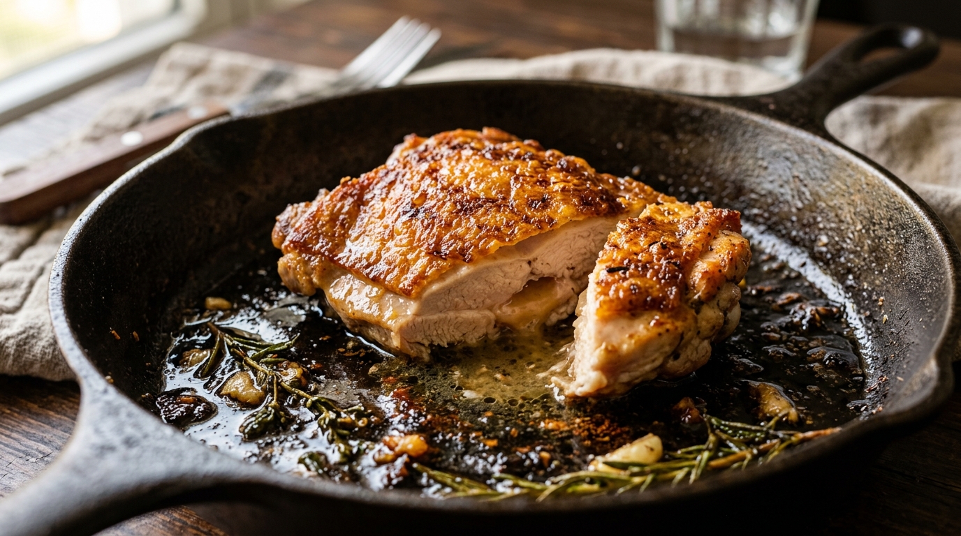 Tekstur renyah steak ayam pan seared menggunakan daging boneless paha skin on segar dari supplier Tricik Cengkareng.