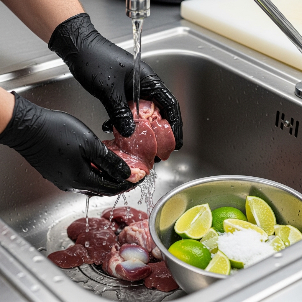 Proses koki membersihkan hati ampela segar utuh anti pahit dari pasokan distributor Tricik Cengkareng untuk menu katering B2B