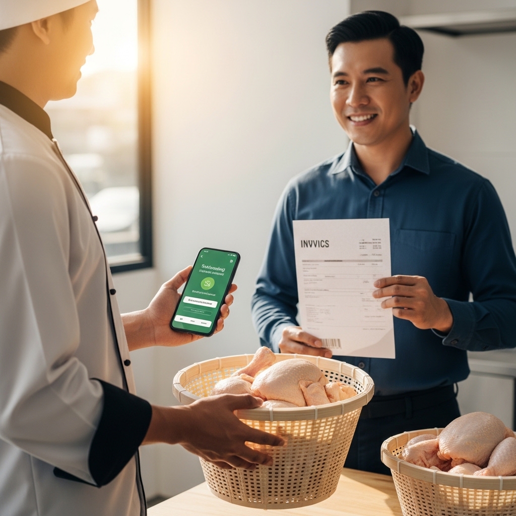 Sistem transaksi aman B2B menggunakan transfer bank dan COD dengan supplier ayam segar Tricik.