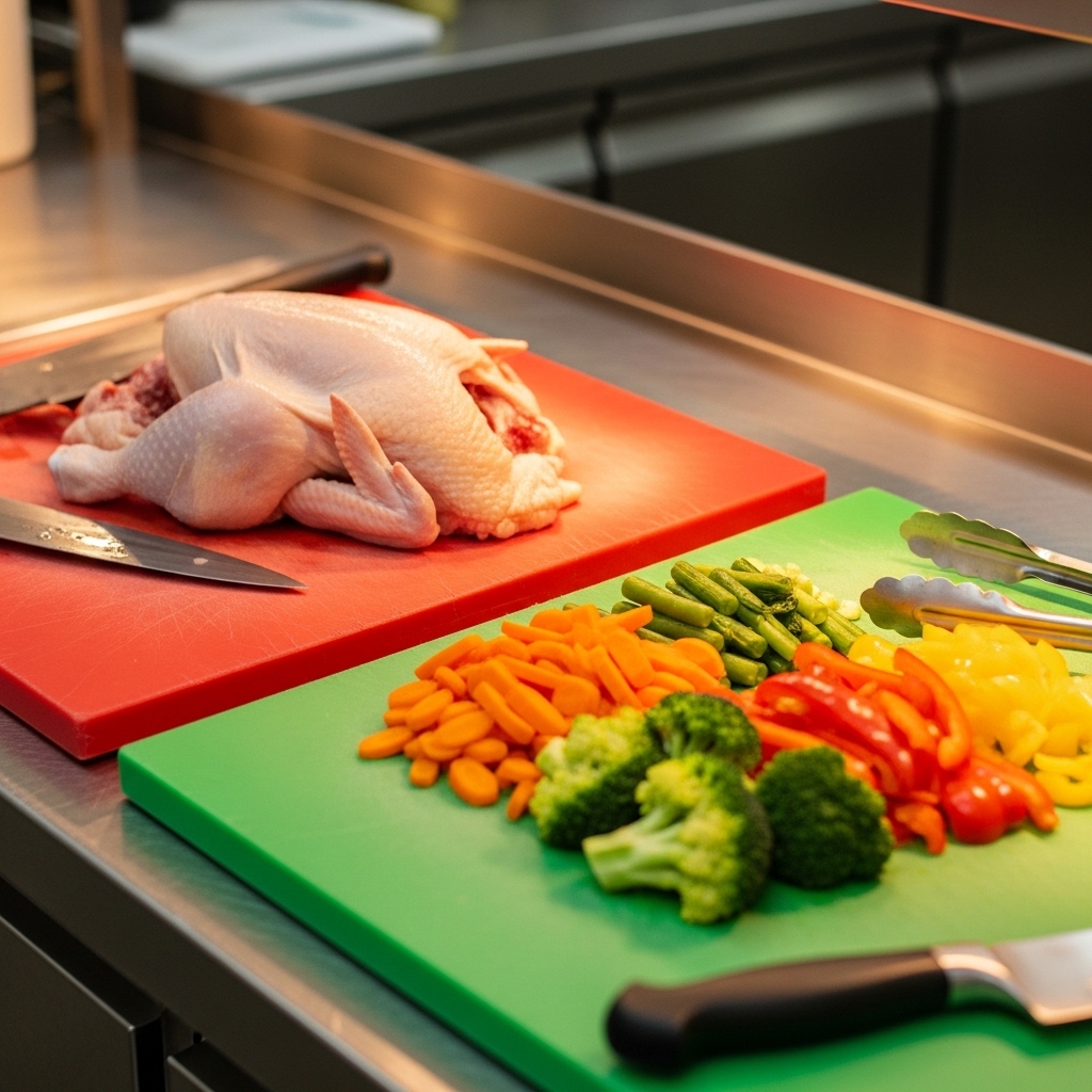 SOP pemisahan talenan merah khusus untuk memotong ayam mentah segar dari Tricik guna mencegah kontaminasi silang di dapur restoran UMKM B2B