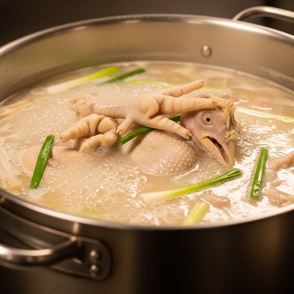 Supplier ceker bersih kupas dan kepala ayam segar Tricik untuk bahan baku kolagen kaldu ramen otentik.