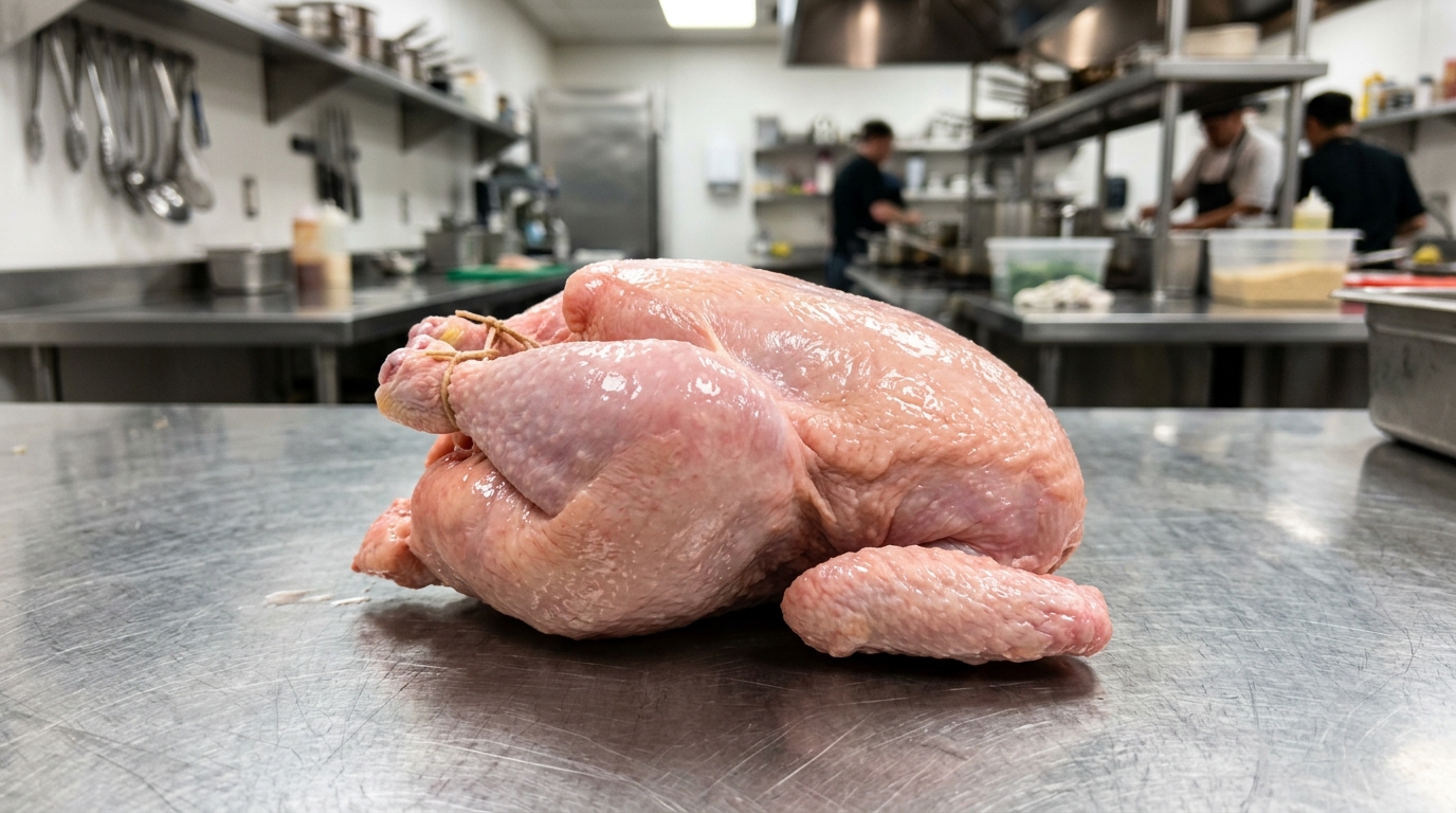 Ciri visual karkas ayam potong segar berwarna merah muda alami tanpa formalin dari supplier Tricik Cengkareng.