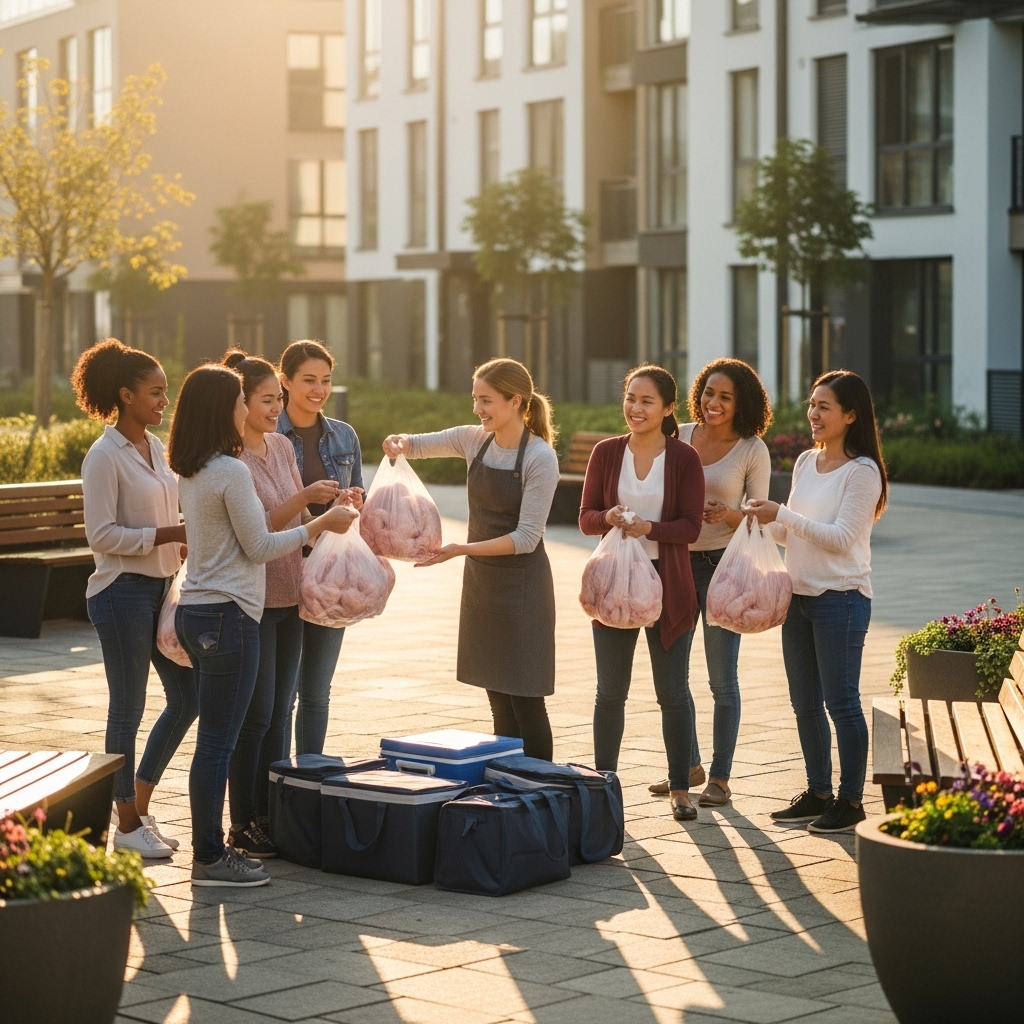 Ibu-ibu reseller arisan membagikan pesanan karkas ayam segar fresh daily B2C dari pengiriman pagi Tricik Cengkareng tanpa menggunakan kulkas