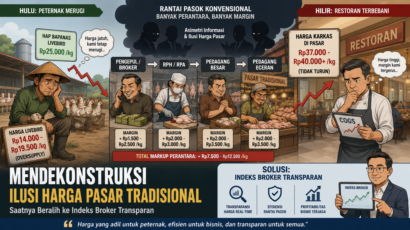 Eksekutif Chef dan Purchasing Manager F&B sedang menginspeksi karkas ayam segar premium sambil memantau dasbor harga transparan di dapur restoran komersial yang modern dan higienis.