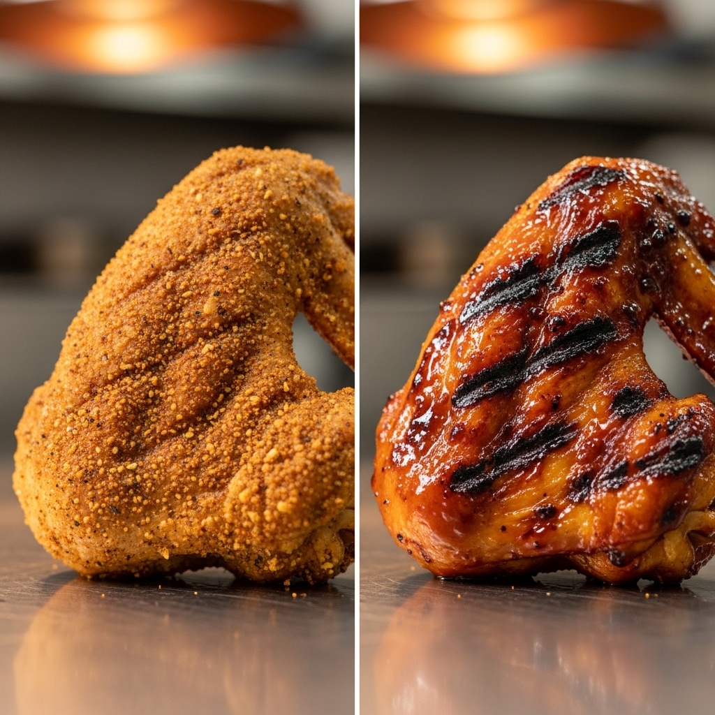 Perbandingan hasil sayap ayam utuh segar Tricik Cengkareng menggunakan teknik dry rub dan marinasi basah untuk menu sayap bakar restoran B2B