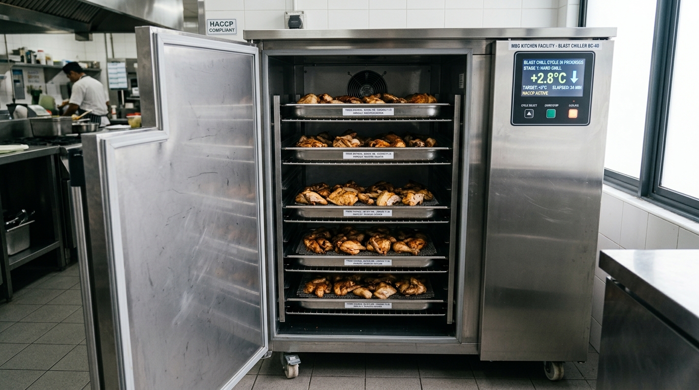 Efisiensi beban termal mesin blast chiller Dapur MBG untuk mendinginkan lauk ayam segar Tricik secara cepat sesuai standar HACCP