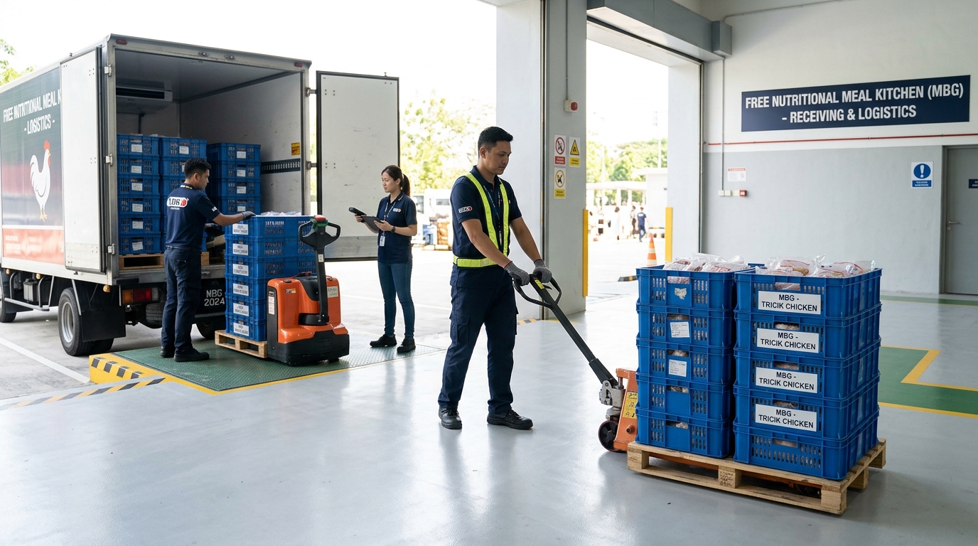 Efisiensi waktu dan biaya tenaga bongkar muat di loading dock Dapur MBG menggunakan sistem keranjang crate ergonomis dari Tricik Cengkareng
