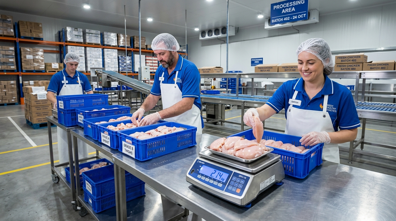 Proses penimbangan dan grading presisi pesanan order H-1 ayam potong segar supplier B2B Tricik Cengkareng