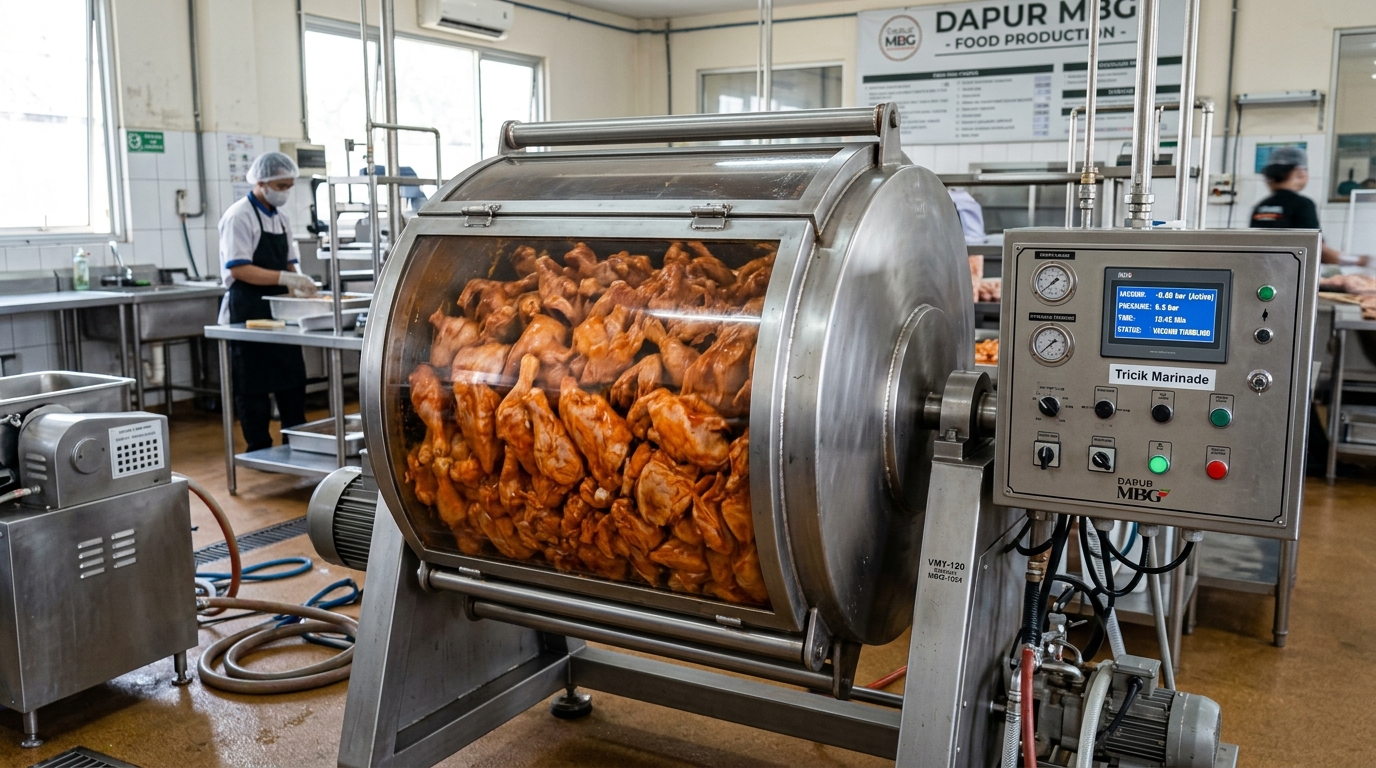 Efisiensi mesin vacuum tumbler Dapur MBG dalam melakukan marinasi bumbu meresap sempurna menggunakan ayam segar tanpa busa air dari Tricik