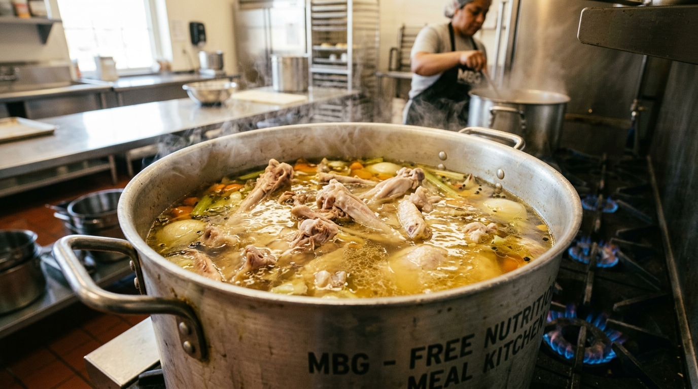 Ekstraksi kaldu tulang (bone broth) alami di Dapur MBG untuk menekan biaya penyedap rasa dengan menggunakan karkas ayam segar dari Tricik