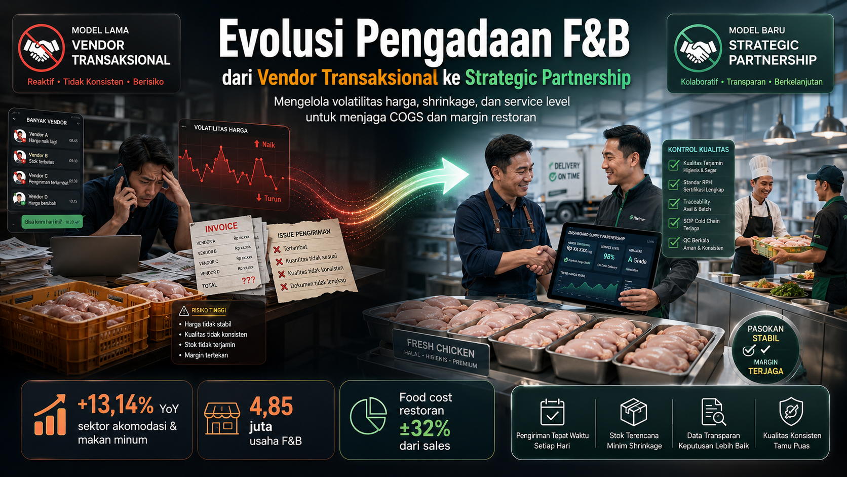 Executive chef dan purchasing manager memeriksa pasokan ayam segar di dapur restoran modern sebagai simbol strategic partnership dalam pengadaan F&B.