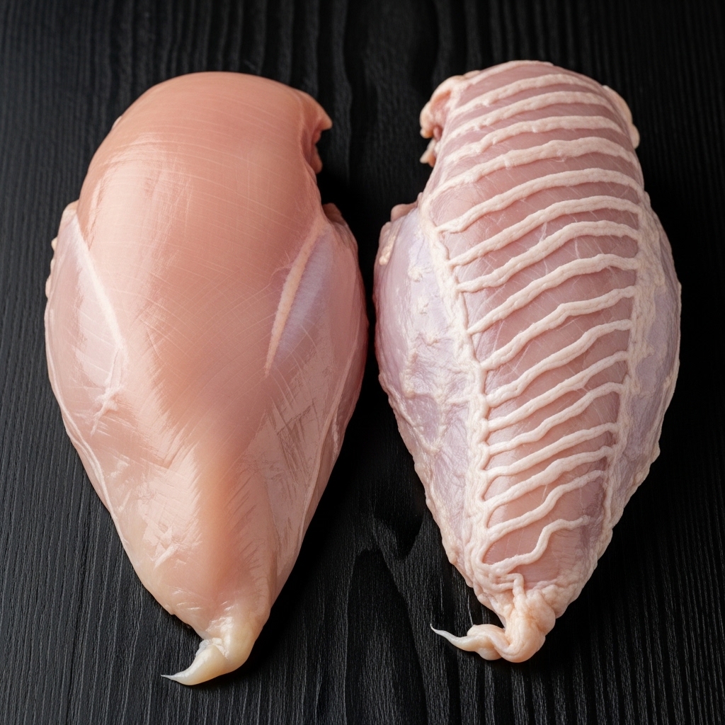 Perbandingan dada ayam fillet normal dengan kelainan woody breast yang kaku untuk edukasi kualitas bahan baku industri F&B Tricik Cengkareng B2B