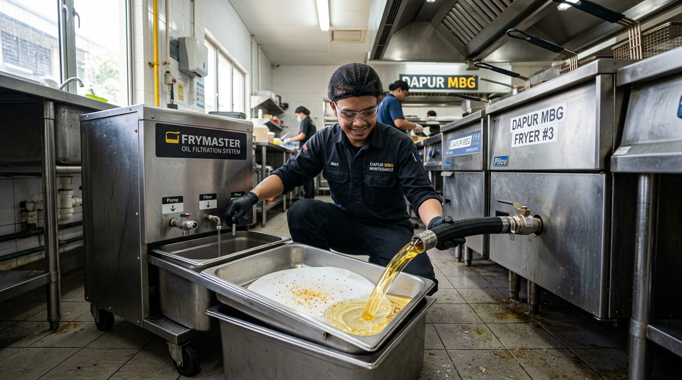 Efisiensi mesin filtrasi minyak komersial di Dapur MBG berkat pengurangan sisa karbon darah lisis dari ayam segar murni Tricik