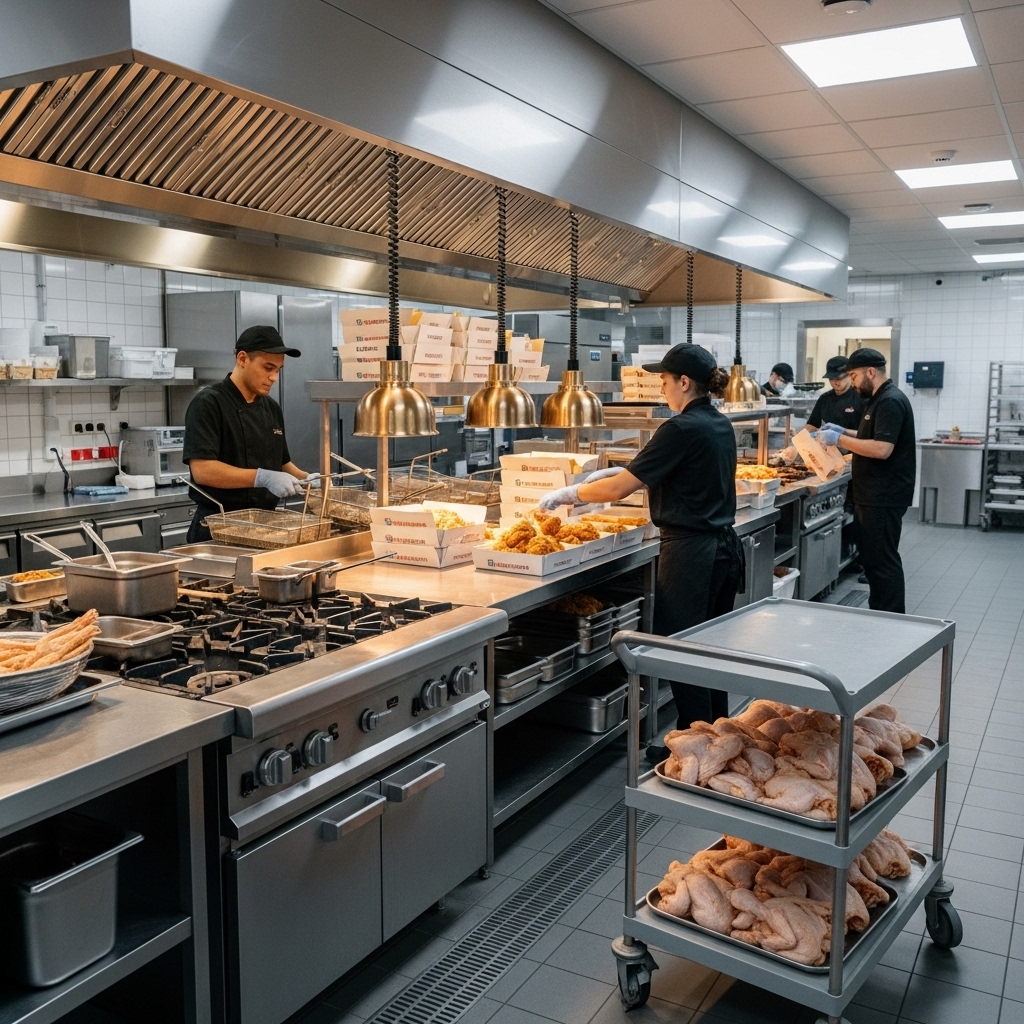 Efisiensi operasional bisnis ghost kitchen ayam goreng yang mengandalkan pasokan ayam potong segar tepat waktu dari Tricik Cengkareng untuk pesanan delivery B2B