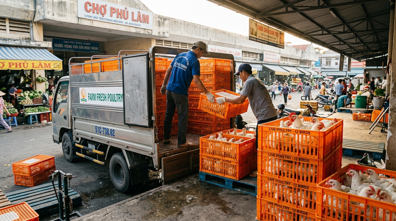 Pasokan grosir ayam broiler hidup sehat dari supplier Tricik Cengkareng untuk pedagang pasar tradisional di Jakarta Barat.