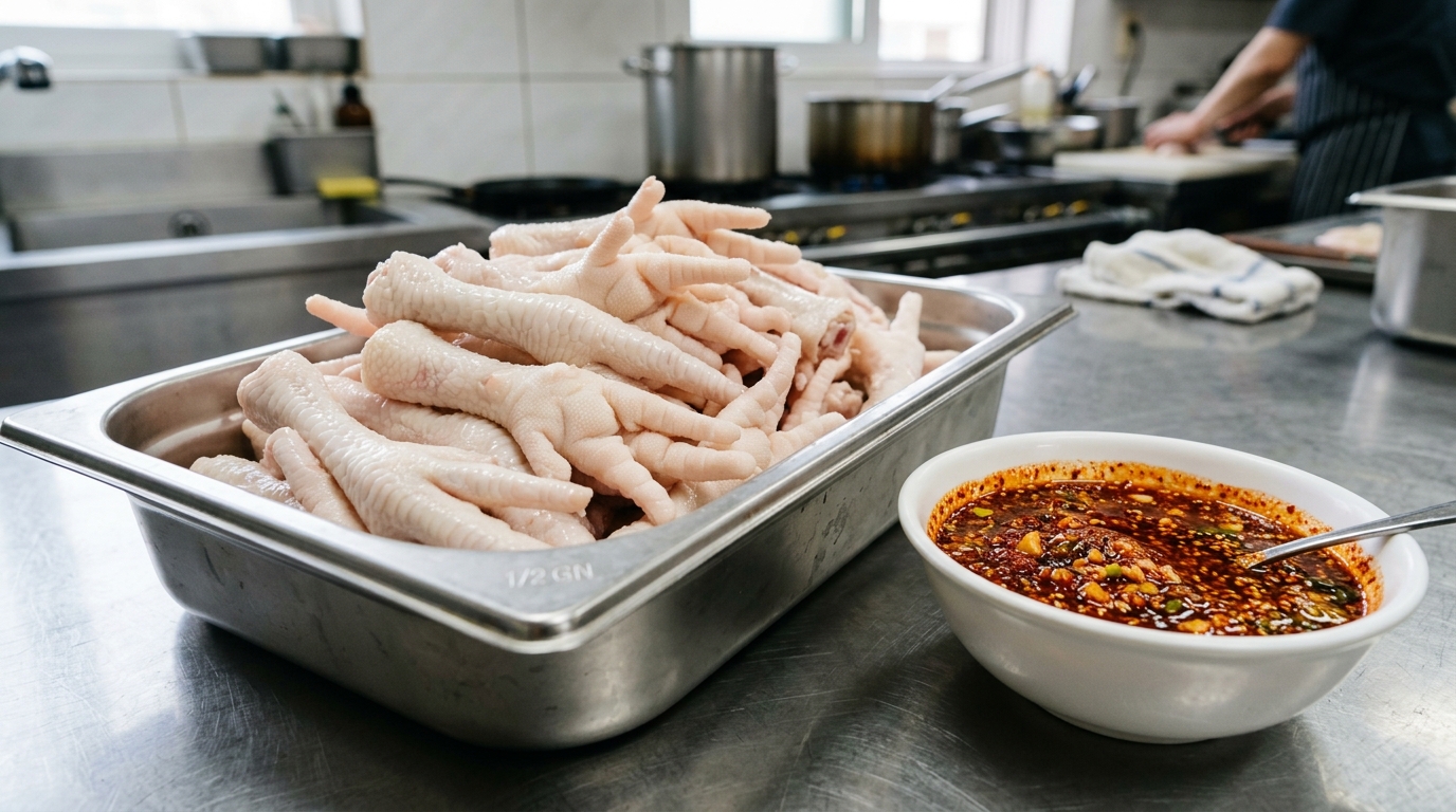 Bahan baku grosir ceker kupas bersih segar dari supplier B2B Tricik Cengkareng untuk efisiensi dapur usaha dakbal Korea