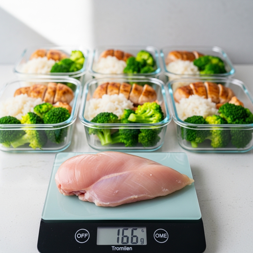 Pembagian porsi 1kg boneless dada ayam mentah segar Tricik Cengkareng untuk meal plan bulking gym selama 3 hari bagi pelanggan B2C dan katering diet