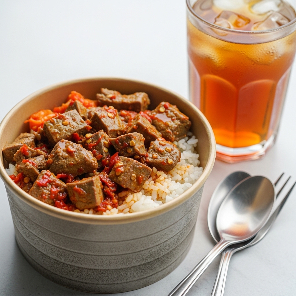 Sajian rice bowl oseng mercon mewah menggunakan bahan baku hati ampela segar dari distributor Tricik Cengkareng untuk bisnis makanan delivery B2B