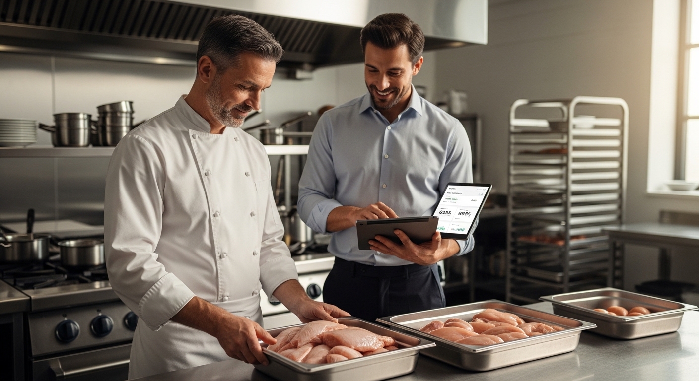 Executive chef dan purchasing manager di dapur restoran premium sedang menginspeksi pasokan ayam potong segar harian untuk optimasi rantai pasok dan HPP.