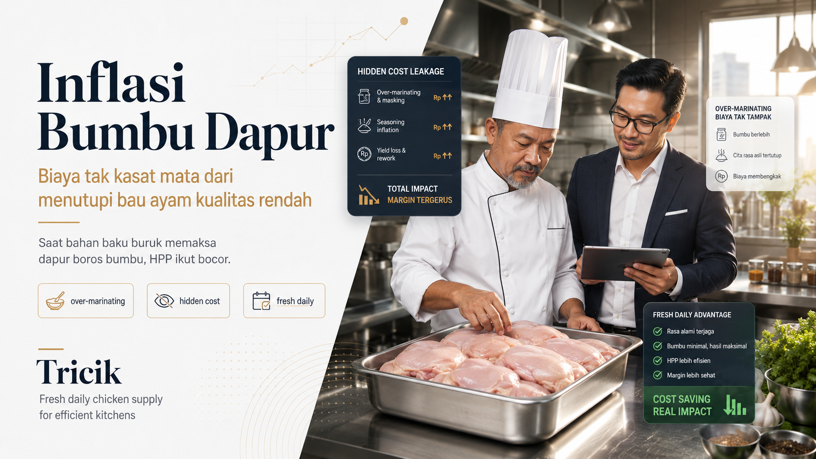Chef restoran memeriksa ayam segar Tricik bersama purchasing manager untuk mengurangi biaya bumbu, thawing loss, dan kebocoran HPP dapur.