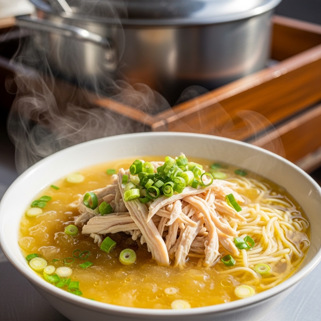 Semangkuk mie kocok ayam kaki lima dengan kuah kaldu gurih dari rebusan tulang rongkong karkas ayam segar Tricik.
