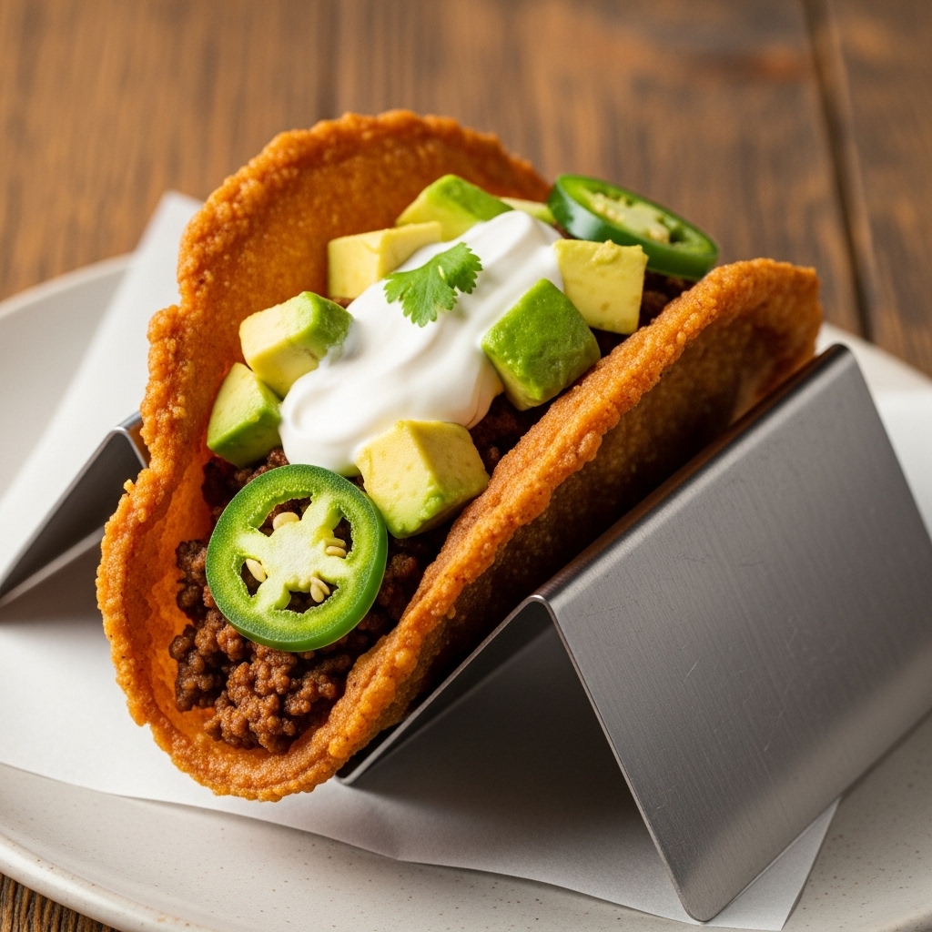 Inovasi menu diet keto chicken skin taco menggunakan kulit ayam lembaran lebar segar Tricik Cengkareng sebagai pengganti tortilla untuk restoran B2B