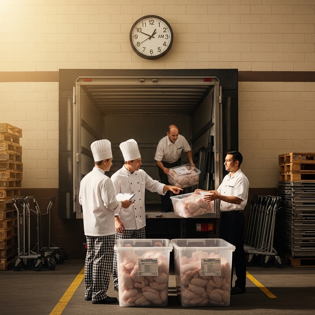 Pengiriman ayam potong segar supplier Tricik tiba tepat waktu di pagi hari untuk sinkronisasi prep-time dapur restoran.
