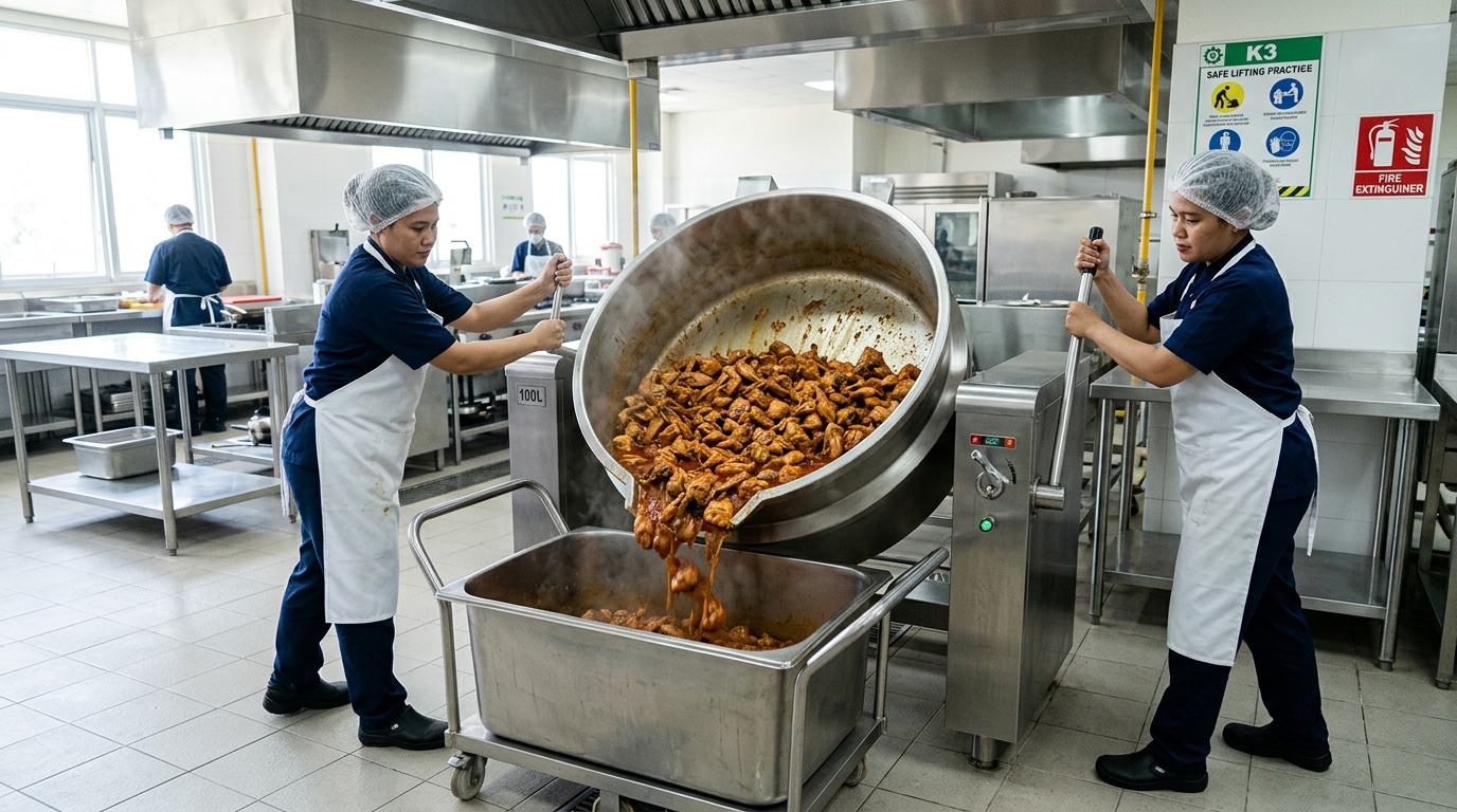 Penerapan K3 ergonomi pengangkatan kuali raksasa di Dapur MBG dengan memangkas volume beban air fiktif menggunakan karkas ayam segar murni Tricik