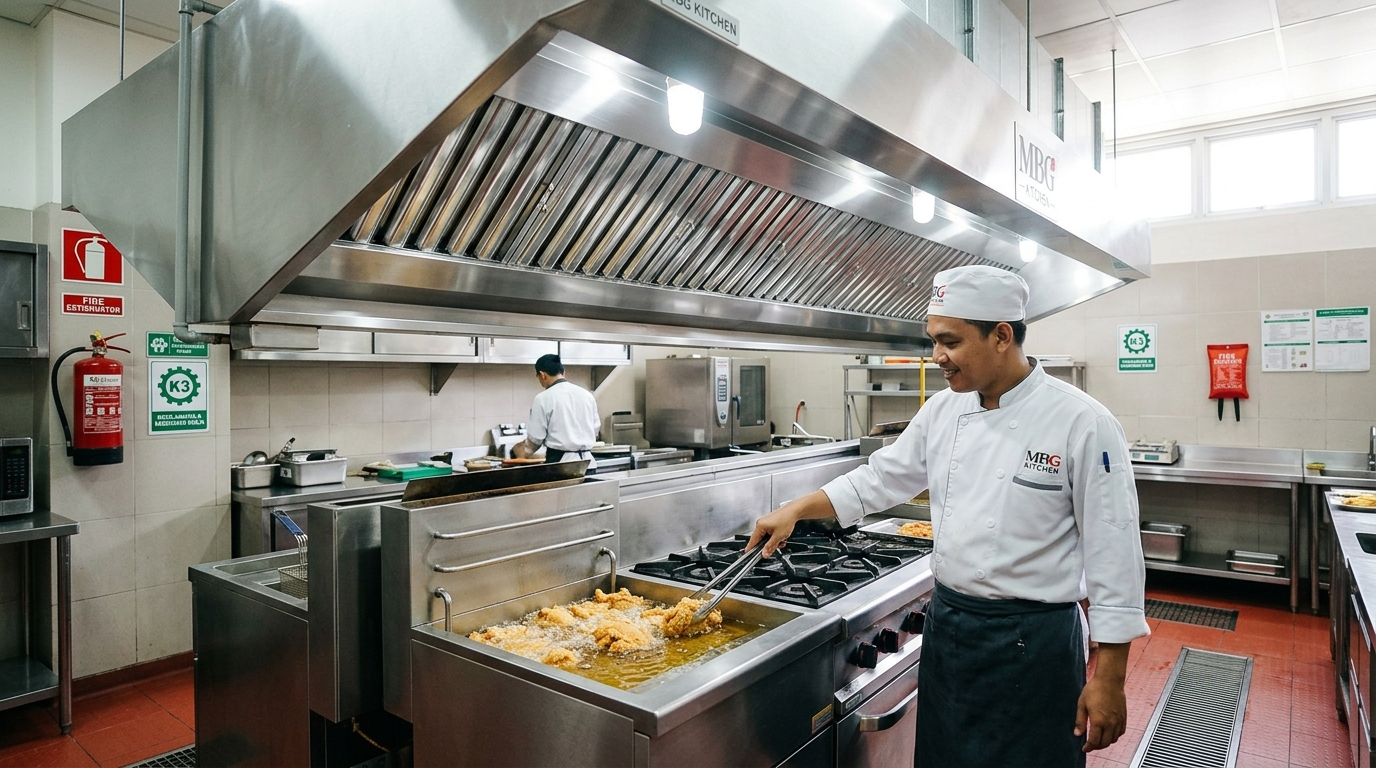 Pencegahan risiko akumulasi lemak dan kebakaran cerobong exhaust hood Dapur MBG dengan menggunakan ayam segar Tricik yang bebas cipratan aerosol minyak