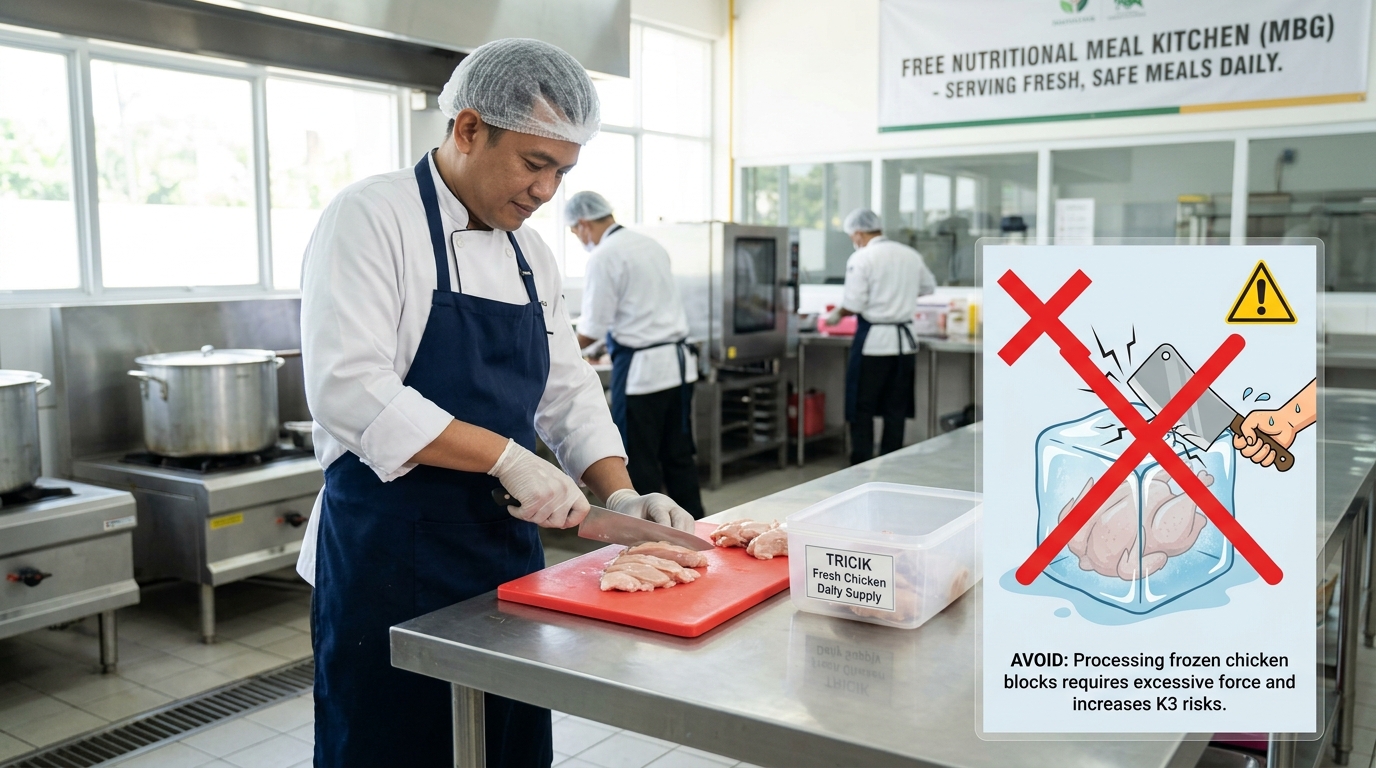 Penerapan standar K3 Dapur MBG untuk mencegah cedera fisik koki dengan menggunakan pasokan ayam potong segar harian Tricik Cengkareng
