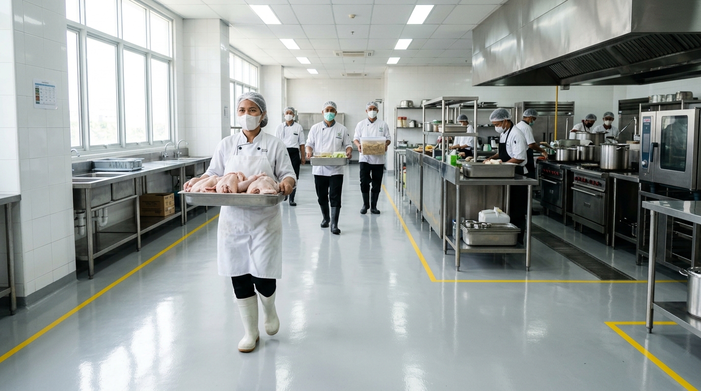 Penerapan standar keselamatan K3 untuk mencegah insiden lantai licin di Dapur MBG dengan menggunakan karkas ayam segar kesat dari Tricik Cengkareng