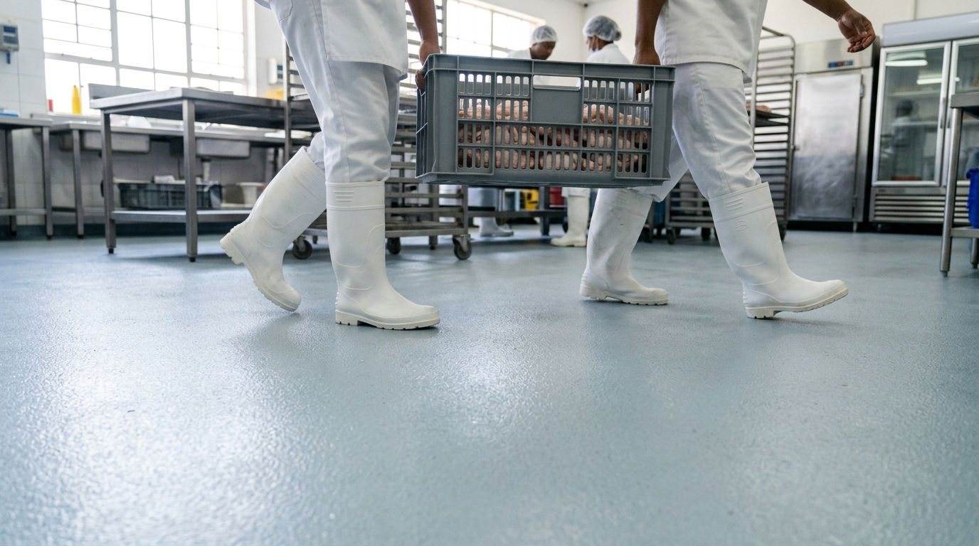 Pencegahan kecelakaan kerja terpeleset (slip hazard) di lantai Dapur MBG dengan mencegah kebocoran genangan darah menggunakan logistik karkas ayam segar Tricik