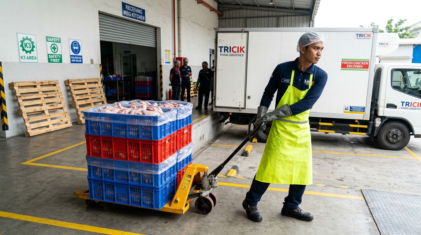 Penerapan standar K3 manual handling pemindahan beban di Dapur MBG menggunakan karkas segar dari Tricik yang lebih ergonomis tanpa balok es beku