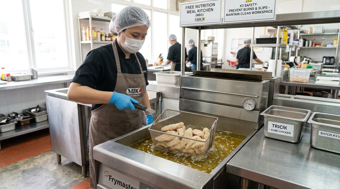 Pencegahan kecelakaan luka bakar akibat cipratan ledakan minyak panas di kuali Dapur MBG menggunakan karkas ayam segar kesat dari Tricik Cengkareng